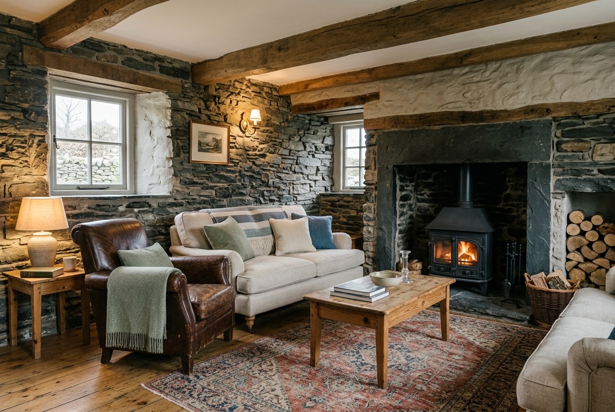 The sitting room, a wood burner alight in a wide stone fireplace, with a sofa, a leather armchair and a basket of logs on bare floorboards.