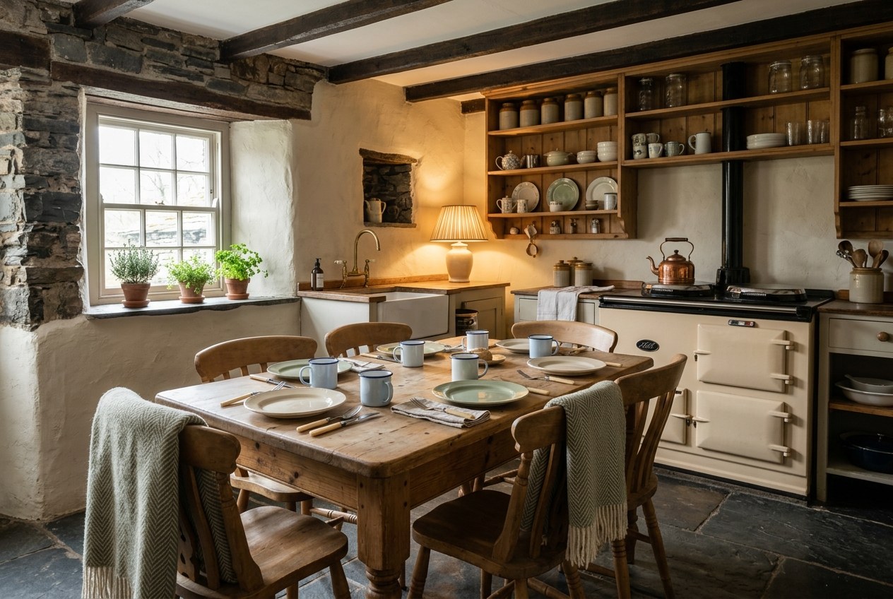 The kitchen, a scrubbed pine table laid for four beside a deep window, with a cream range cooker and open shelves of crockery behind.