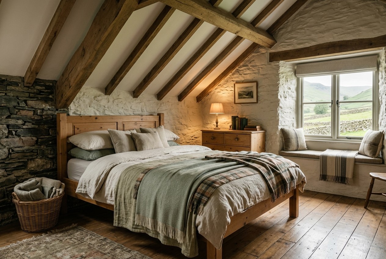 The main bedroom, a wooden double bed under a sloping beamed ceiling, with a cushioned window seat looking out to the fells.