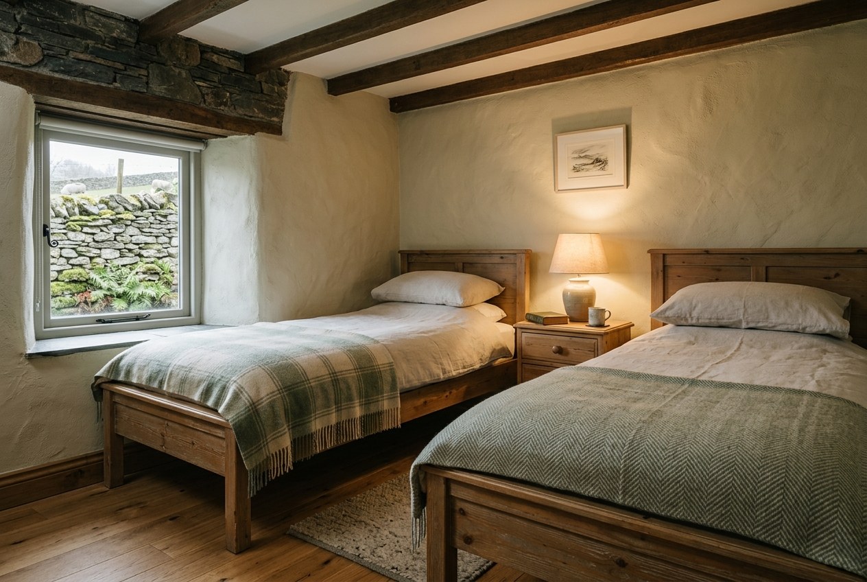 The twin bedroom, two wooden single beds made up with woollen blankets under a beamed ceiling, beside a window looking onto a dry-stone wall.
