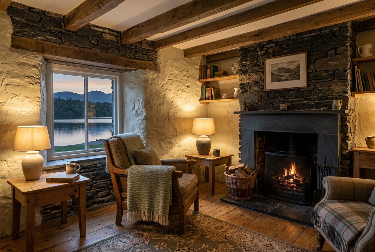 The snug, two armchairs drawn up to an open fire in a slate fireplace, with a window looking down to the lake at dusk.